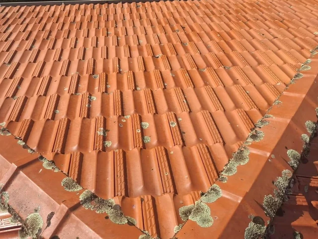 The same roof hip before, orange tiles with lichen